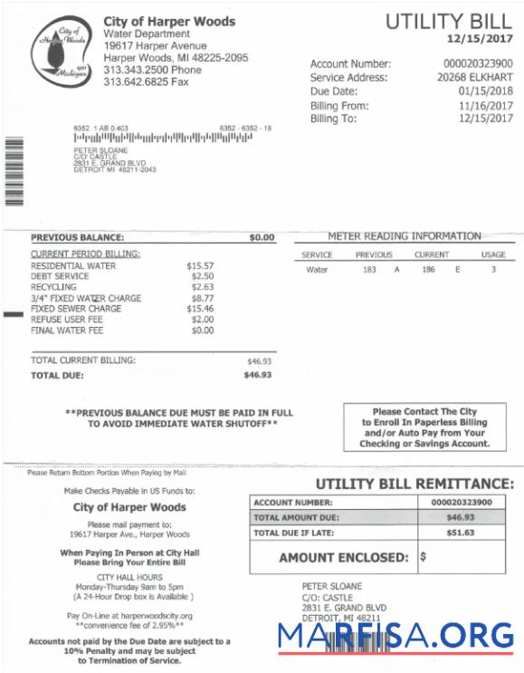 Realistic USA CITY OF HARPER WOODS utility bill Word and PDF template